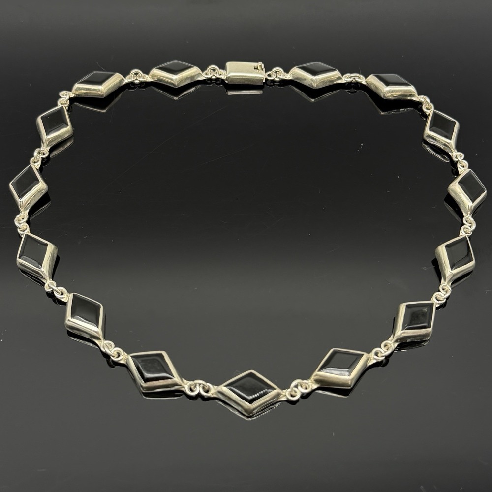 Vintage TAXCO Mexico Sterling Silver Black Onyx Diamond Shaped Link Necklace 925